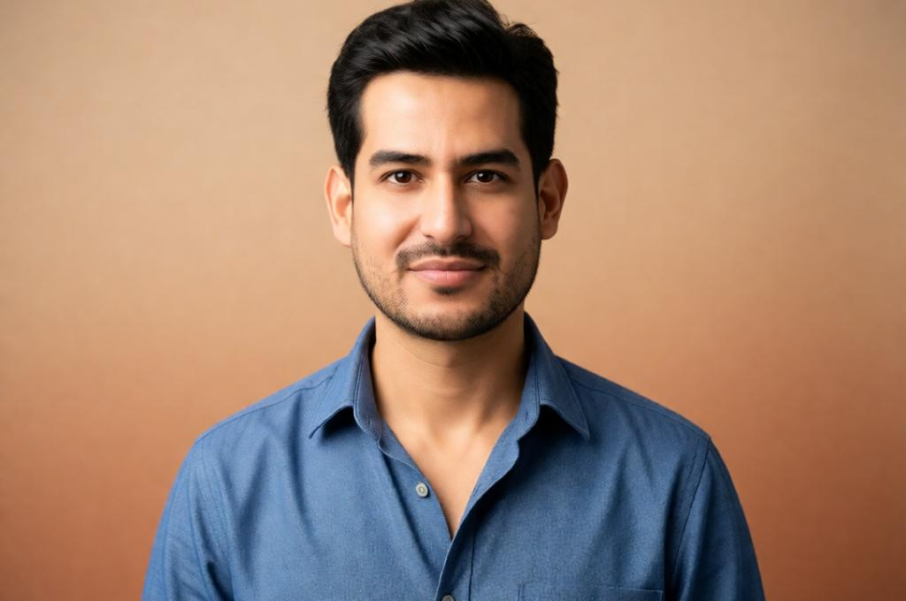 Man in a smart casual open-collar shirt against a warm neutral background, relaxed headshot