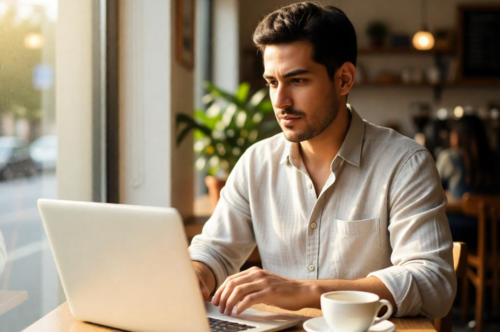 Man with a laptop on a small cafe table, coffee in hand, background cafe blur, professional vibe