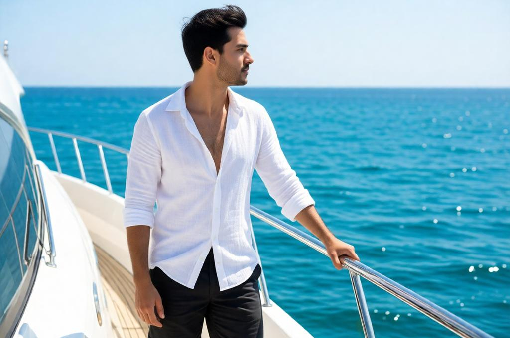Man on the deck of a superyacht, white linen shirt, ocean horizon, midday sun