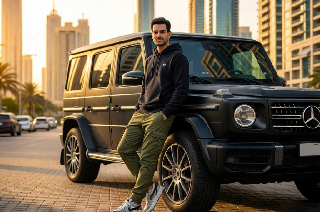 Young man in a designer streetwear outfit next to a matte black G-Wagon on a Jumeirah street