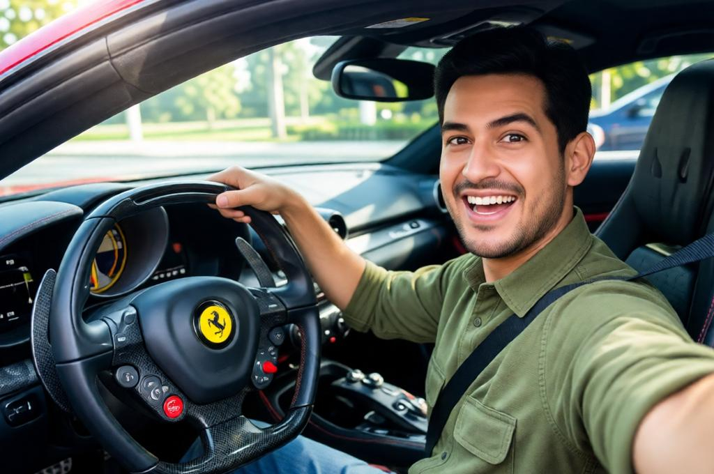Man taking a selfie inside a red Ferrari, steering wheel visible, excited expression