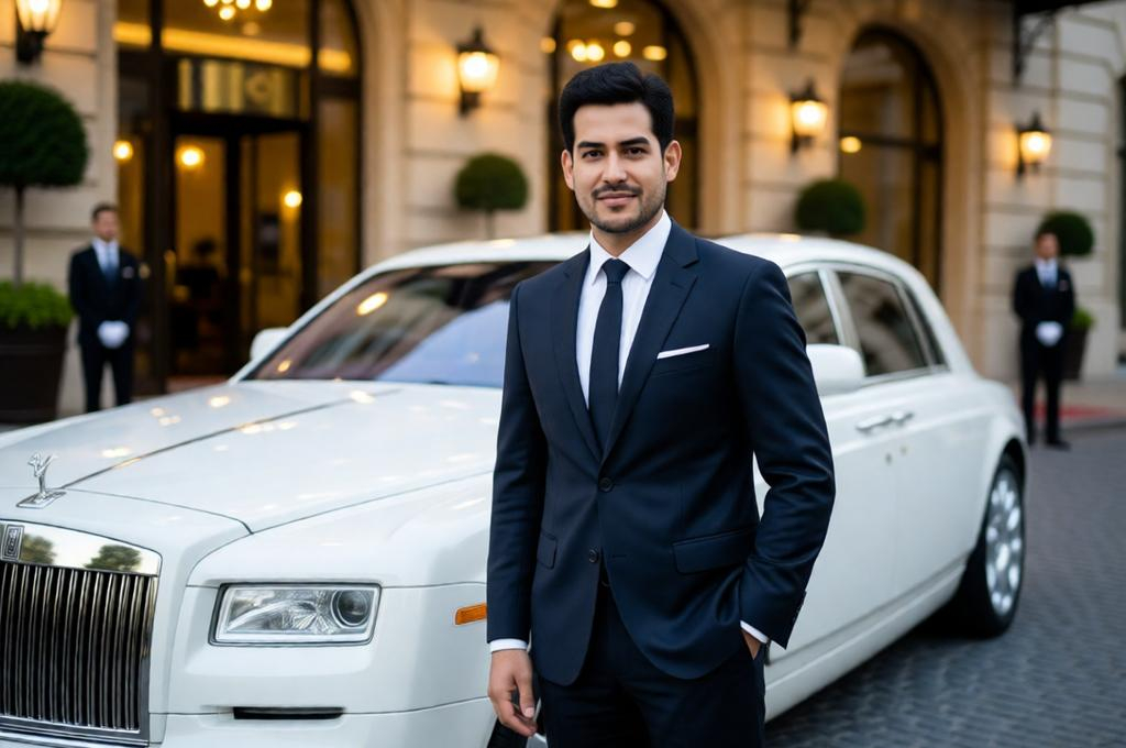 Man standing next to a white Rolls-Royce in a hotel driveway, suited, calm and composed