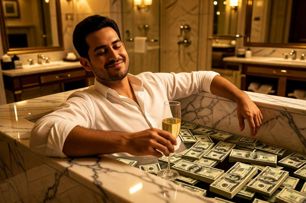 Man in a bathtub overflowing with cash, laughing, cinematic colour grade, luxury hotel bathroom