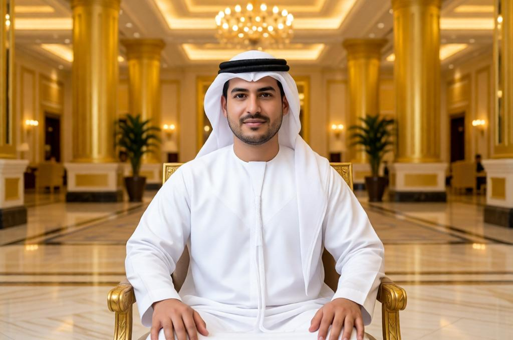Man in a white thobe and ghutrah in a Dubai hotel lobby, regal and calm, golden interior