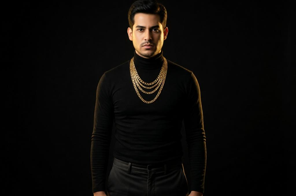 Man draped in thick gold chains and a black outfit standing against a dark studio background