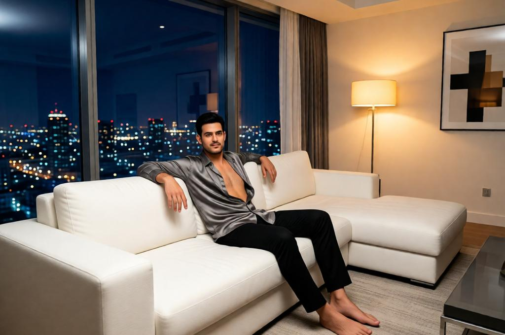 Man lounging on a large white sectional sofa in an ultra-luxury penthouse living room