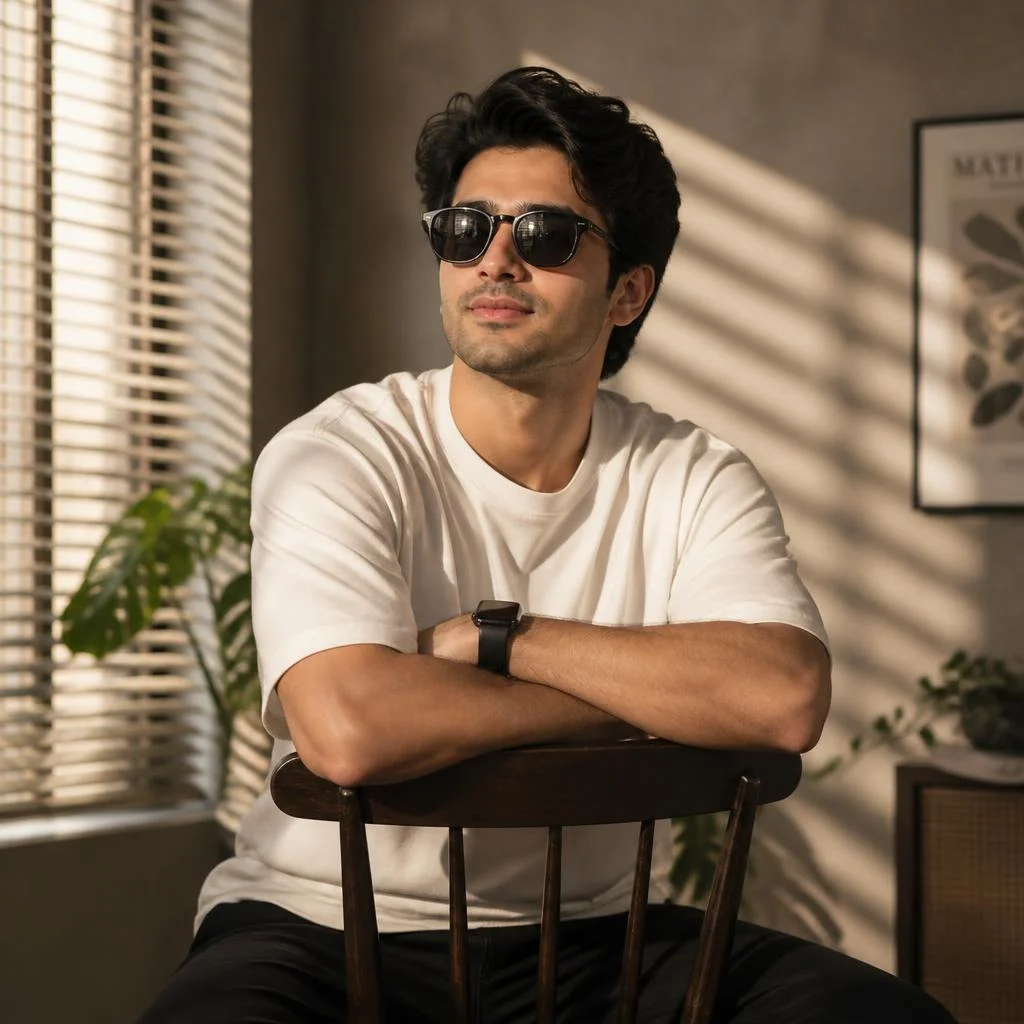 Create a cinematic photorealistic portrait of the person from the reference image sitting casually backward on a vintage dark wooden chair inside a modern apartment or studio. Preserve his exact facial identity, hairstyle, beard, skin tone and body proportions. He is wearing a clean oversized white crew-neck T-shirt, relaxed black trousers, a black smartwatch and black sunglasses. His arms are crossed naturally over the back of the chair while he looks slightly upward and away from the camera with a confident contemplative expression. Strong afternoon sunlight enters through large window blinds, creating dramatic horizontal light-and-shadow patterns across his face, shirt and the warm textured wall behind him. Add subtle indoor plants and sophisticated minimal décor. Warm cinematic color grading, high contrast but natural skin tones, realistic fabric texture, professional editorial fashion photography, 50mm lens, shallow depth of field, vertical portrait composition.