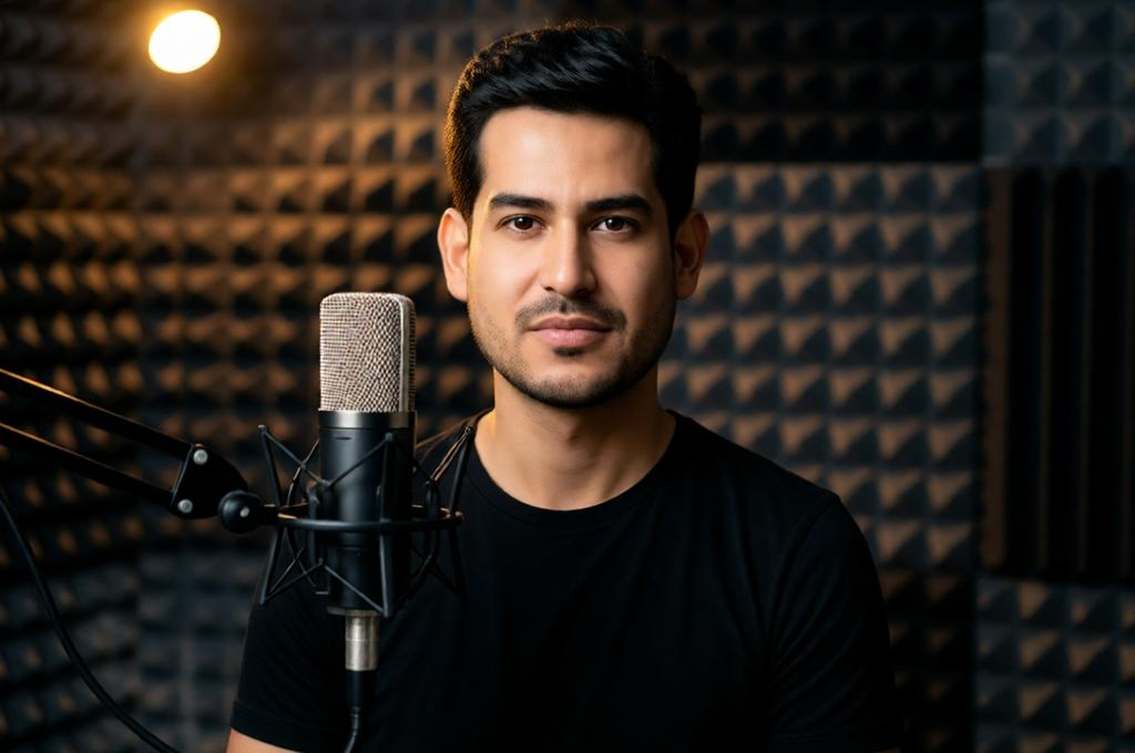 Man at a podcast mic in a minimal dark studio, deadpan expression looking straight at camera
