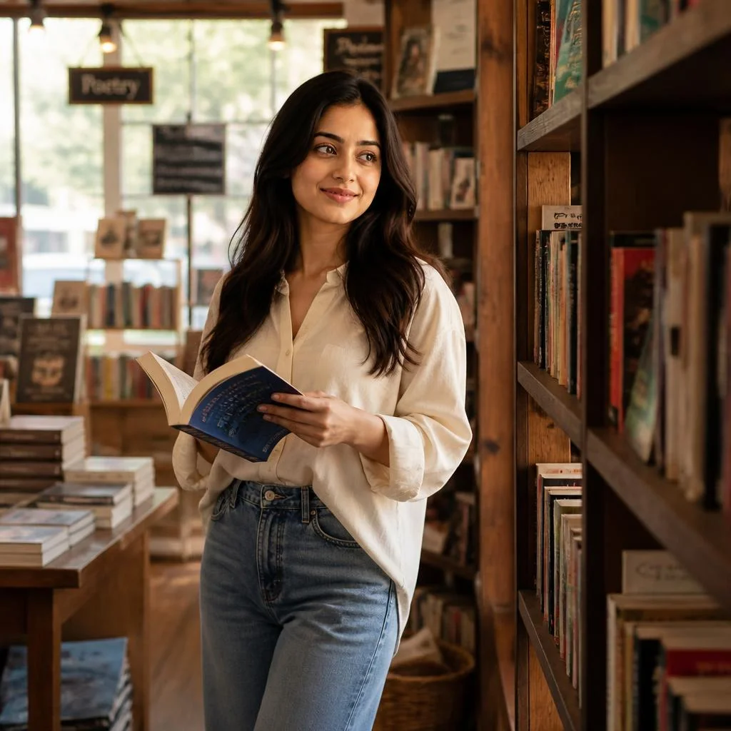A young woman browsing books inside a cozy independent bookstore, wearing a cream oversized shirt with straight-leg denim jeans, holding an open book while looking toward a nearby shelf, warm wooden interiors, soft window light, subtle background blur, candid documentary-style photography, natural pose, realistic skin and fabric texture, sophisticated lifestyle aesthetic.
