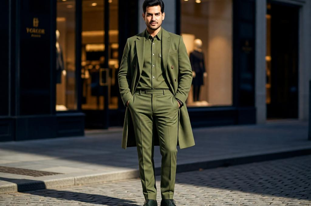 Man dressed head to toe in luxury brand clothing, editorial fashion photo, city backdrop