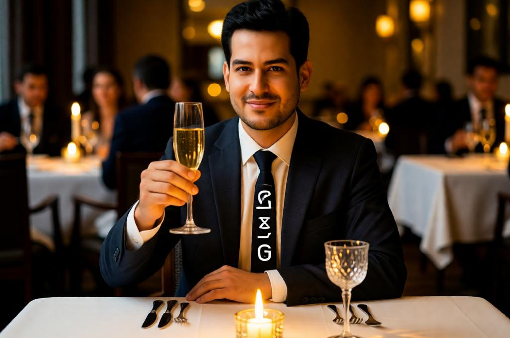 Man in a dark suit at a fine-dining table, champagne flute raised, candlelit restaurant