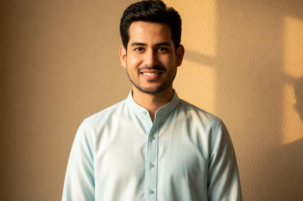 Man in a well-fitted pastel ethnic kurta, standing straight, warm indoor light, genuine smile