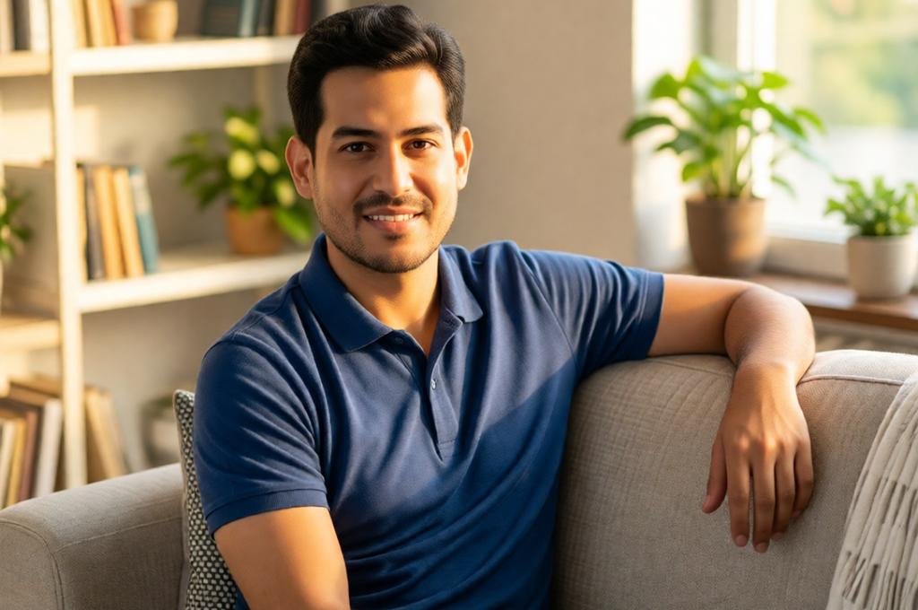 Man sitting relaxed on a couch at home, casual smart, looking warm and approachable