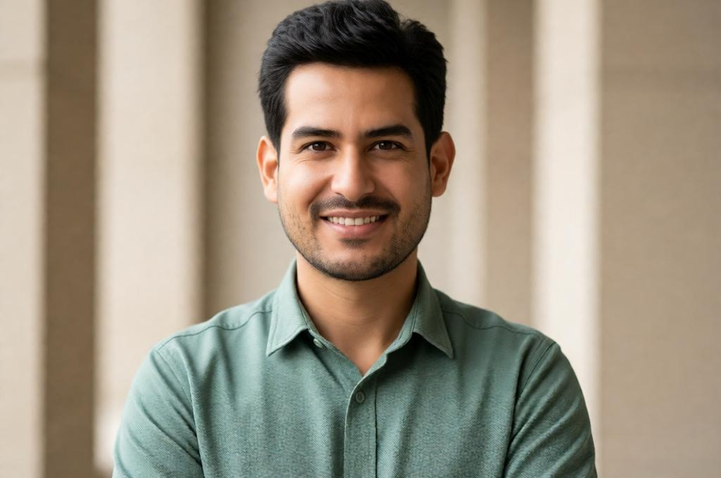 Man looking straight into camera with a clean, confident smile, neutral background, natural light