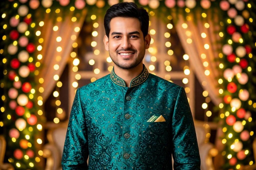 Man at an Indian wedding in ethnic wear, festive background, candid happy moment