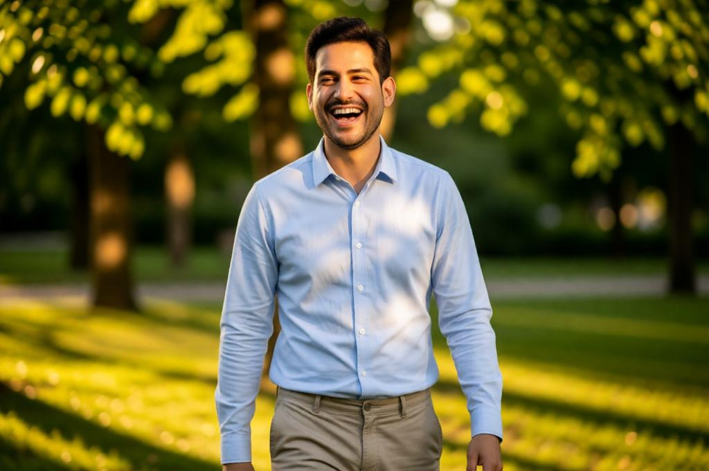 Man outdoors in a park, candid, laughing naturally, green background, afternoon light