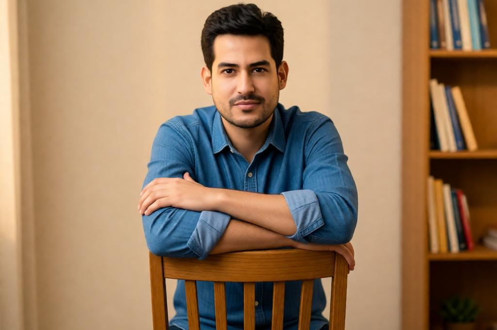 Man sitting on a chair with arms folded, relaxed but confident, home setting, warm light