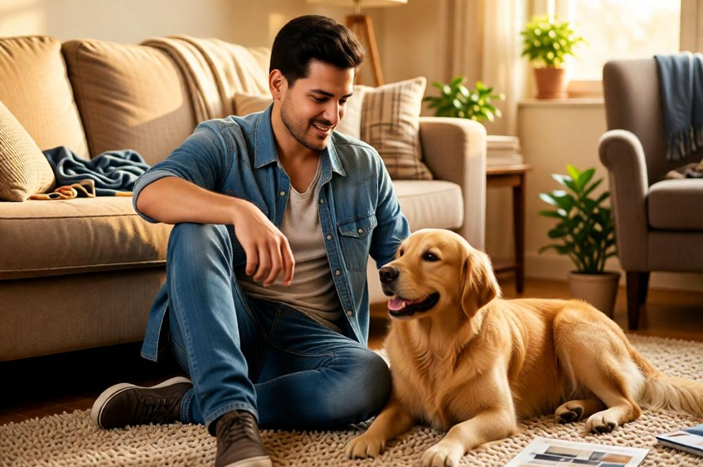 Man at home with a dog on his lap, relaxed and natural, warm domestic setting