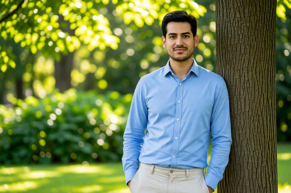Man in a garden or park, standing near a tree, relaxed afternoon light, natural greenery