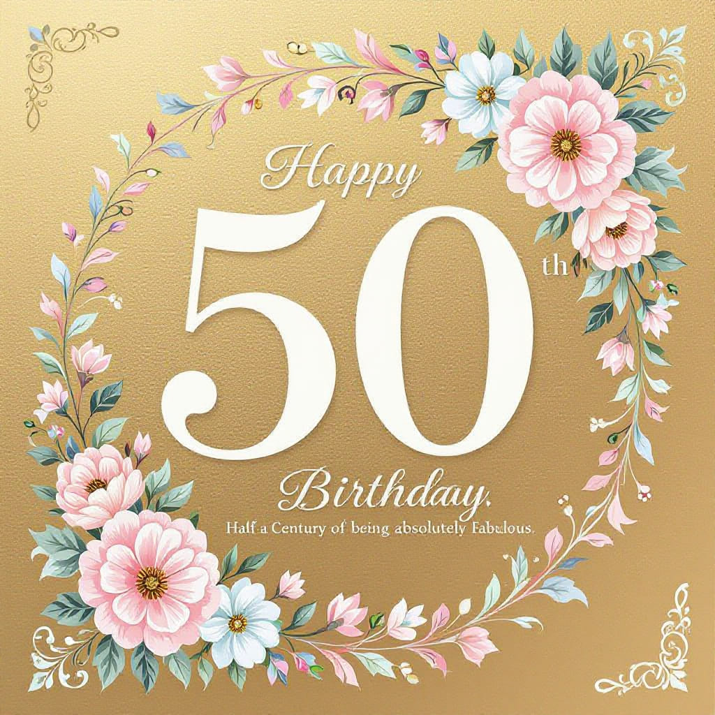 Grand 50th birthday card on gold-leaf cardstock with intricate floral patterns. 