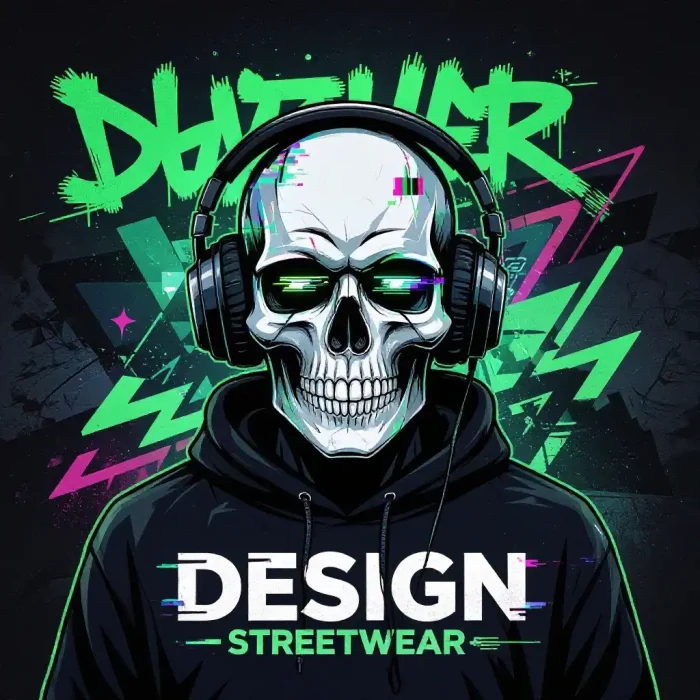 Futuristic skull with headphones and glitch effects streetwear design