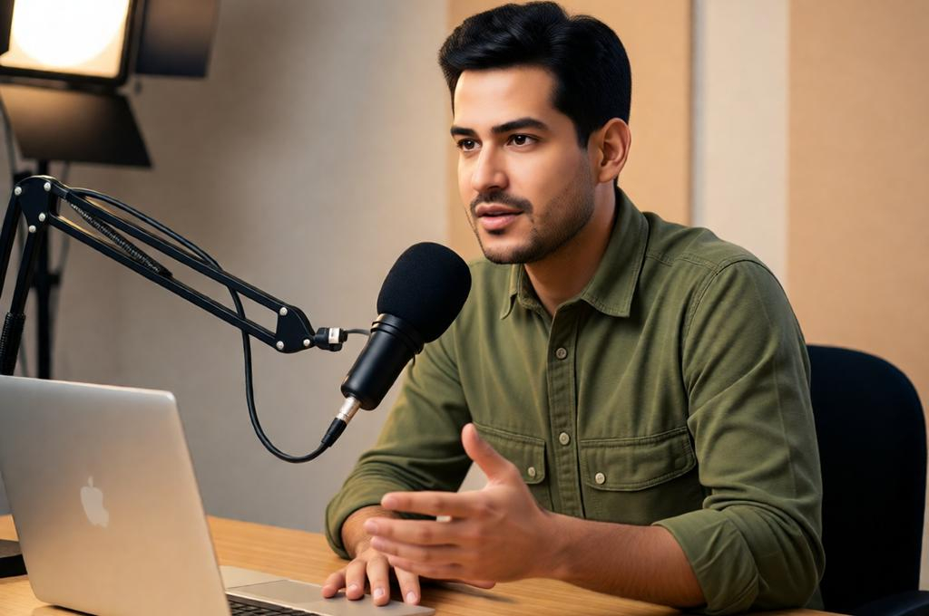 Man at a podcast desk mid-sentence, looking off-camera naturally as if mid-conversation