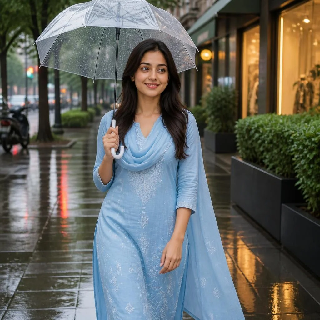 A young woman walking through a quiet city street just after monsoon rain, wearing a light blue cotton salwar suit and carrying a transparent umbrella, wet pavement reflecting storefront lights, small puddles and greenery around her, soft overcast daylight, spontaneous smile, cinematic realism, natural movement, atmospheric street photography.
