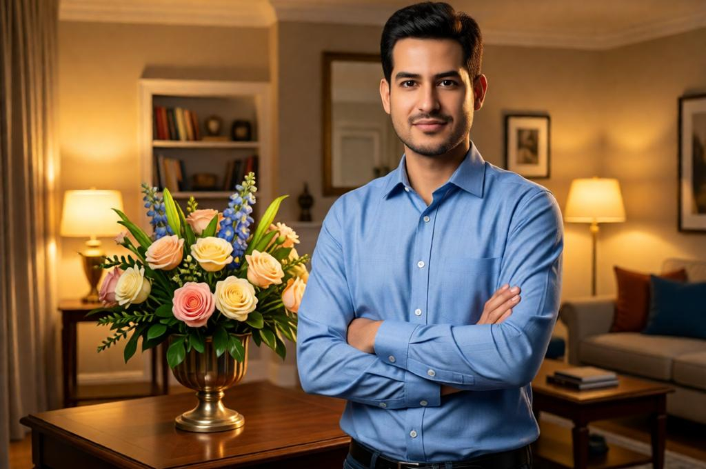 Man standing at home in front of a decorative centrepiece, warm light, family-home feeling