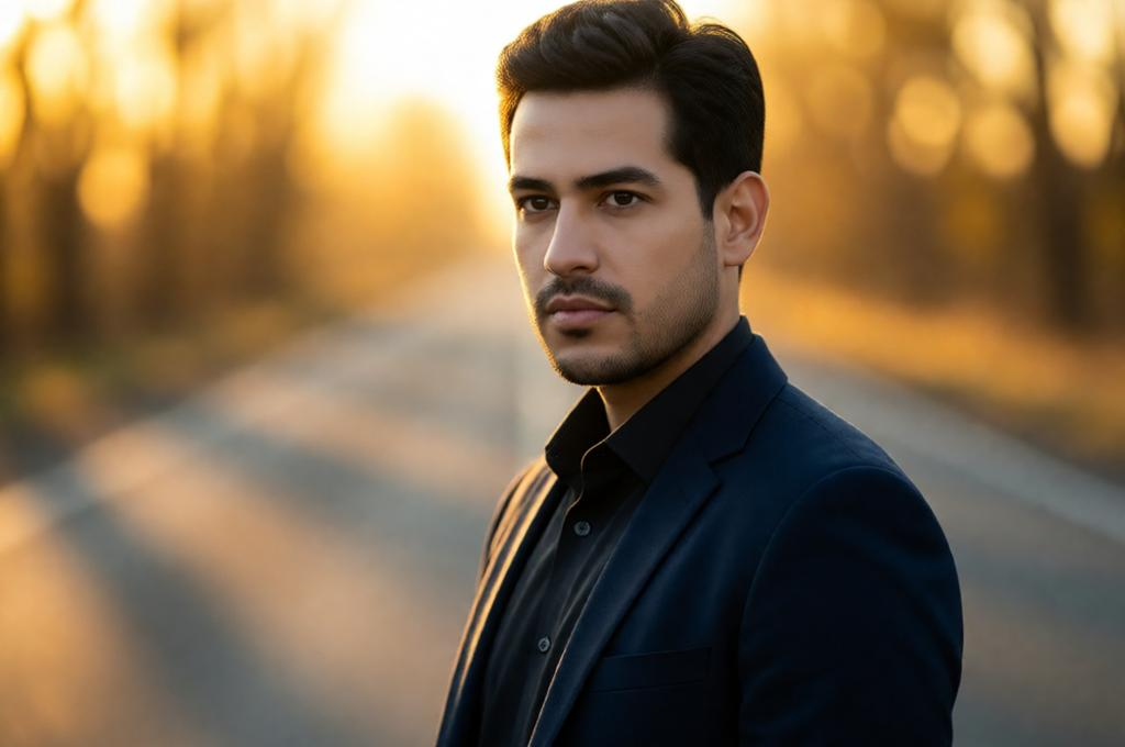 Man in a sharp outfit on an empty road, 85mm cinematic look, shallow depth of field, golden hour