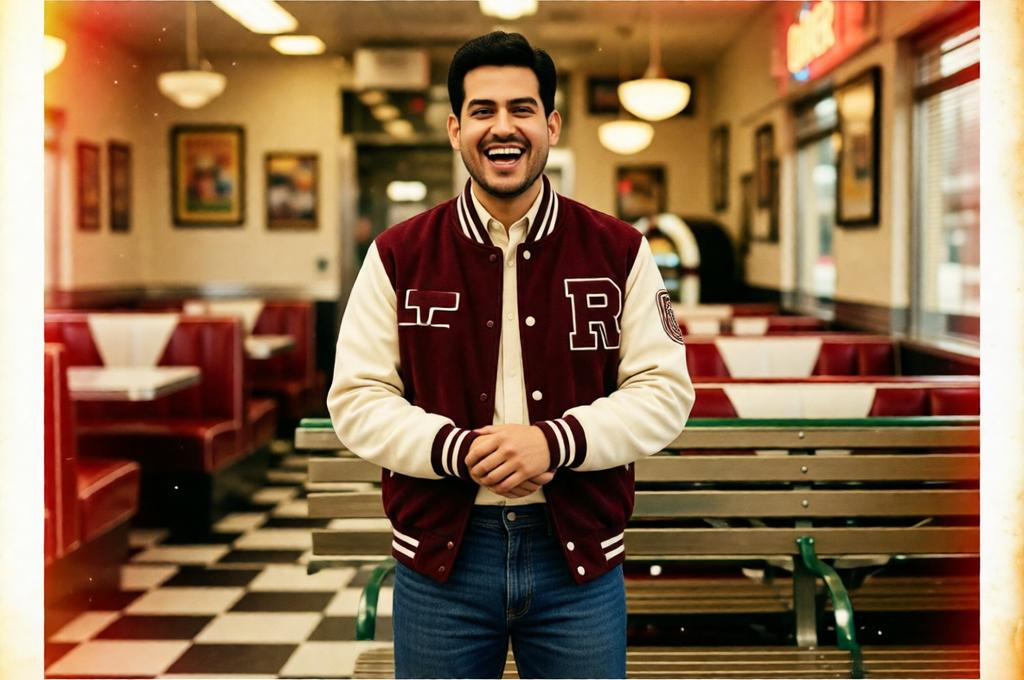 Man in a vintage outfit, Polaroid-style square crop, faded film grain, retro colour bleed