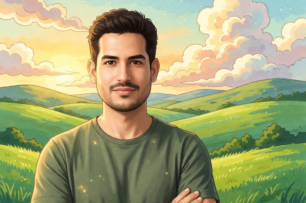 Man in a Studio Ghibli-inspired realistic scene, painterly sky, lush green background, cinematic