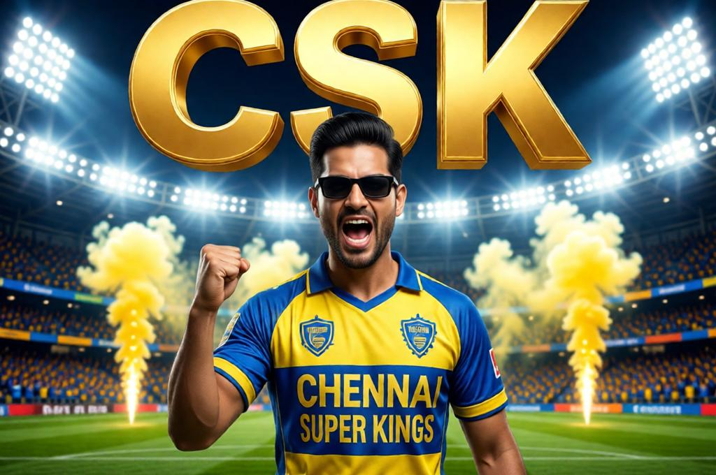 Man in an IPL cricket jersey in a stadium at night, crowd lights behind, match-day energy