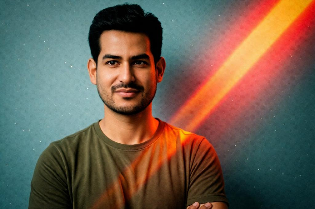 Close-up portrait of a man with light leaks across his face, heavy film grain, vintage mood