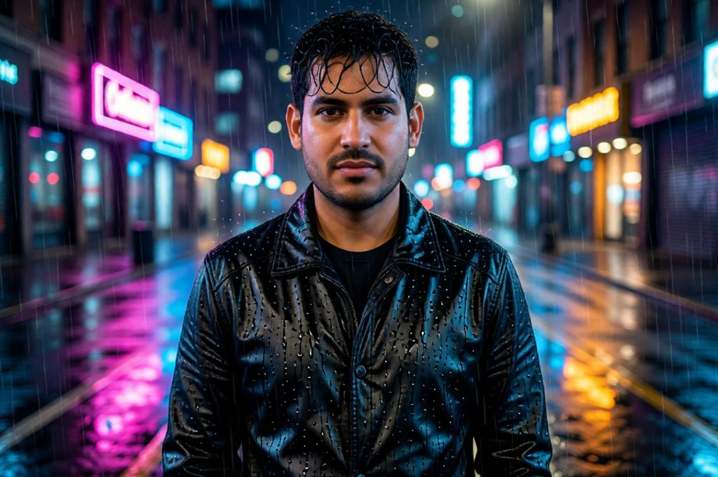 Man standing on a street in the rain at night, wet jacket, moody neon reflections on the road