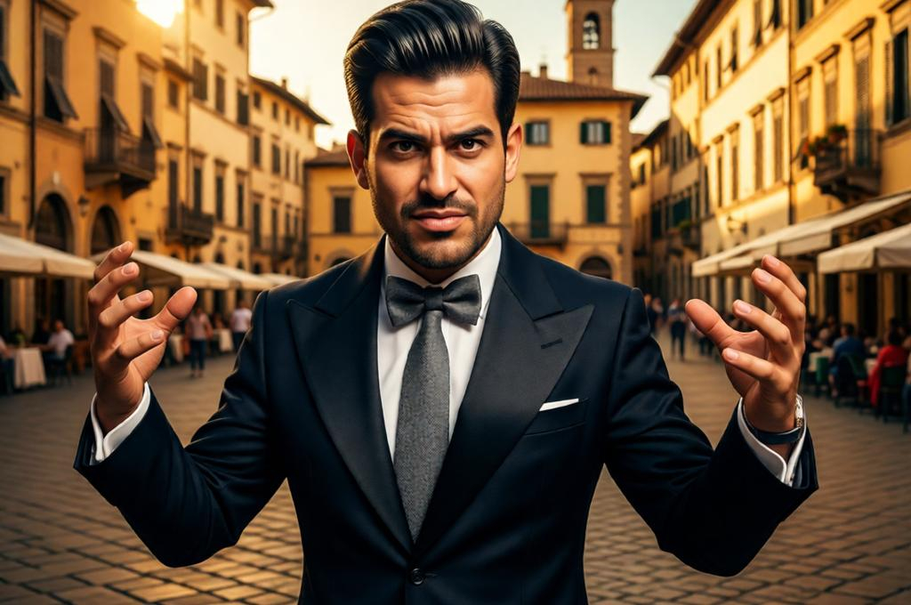 Man in an exaggerated Italian Brainrot meme aesthetic, dramatic pose, over-the-top styling