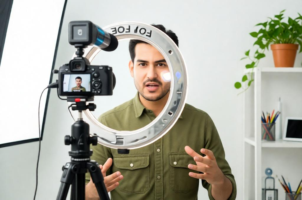 Young man talking directly into a camera on a tripod, ring light in eyes, YouTube setup
