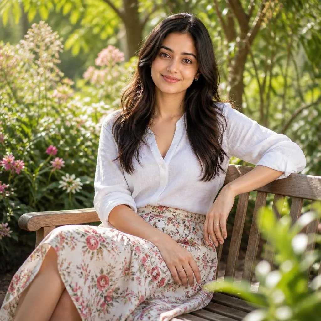 A young woman relaxing in a botanical garden on a sunny morning, wearing a white linen top and a flowing floral midi skirt, seated casually on a wooden bench surrounded by flowering plants, sunlight filtering through leaves, soft breeze moving her hair, peaceful candid expression, realistic lifestyle photography, gentle depth of field.