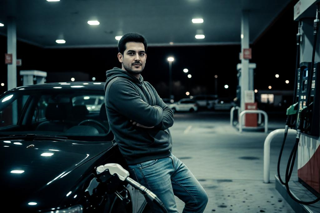 Man at a petrol station at night in a simple outfit, vintage film look, ordinary made cinematic