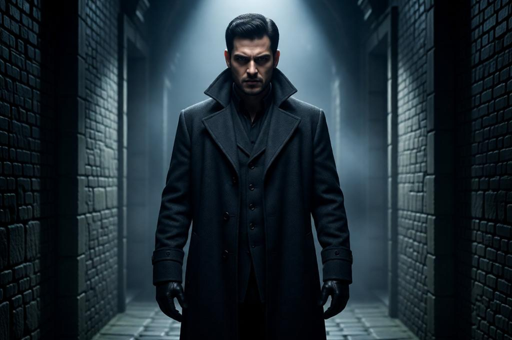 Man as a cinematic villain in a long dark coat in a dramatic lit scene, powerful and cold