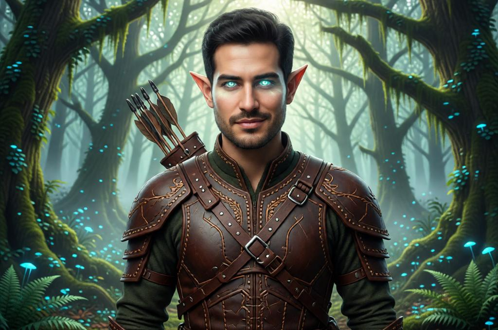 Man as a woodland elf with pointed ears, armour and a bow, photorealistic fantasy forest