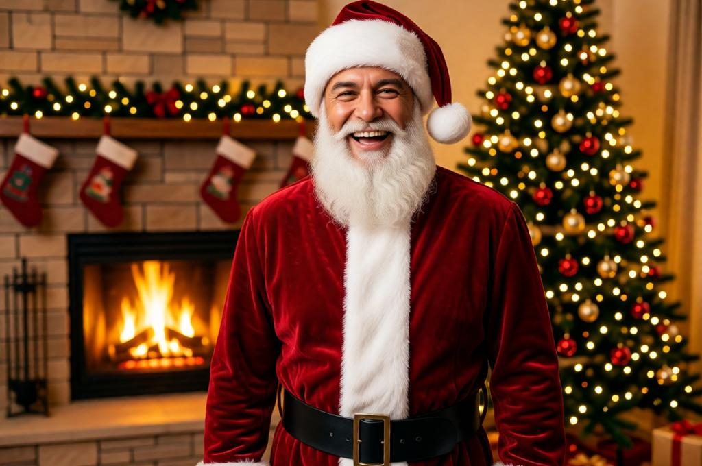 Man dressed as a cinematic Santa Claus, warm red suit, real beard effect, Christmas atmosphere