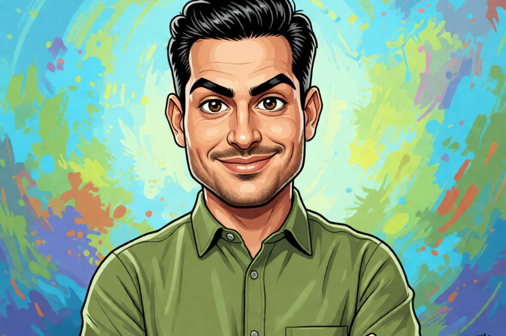 Man as a detailed caricature with exaggerated features, expressive and fun, illustrated feel