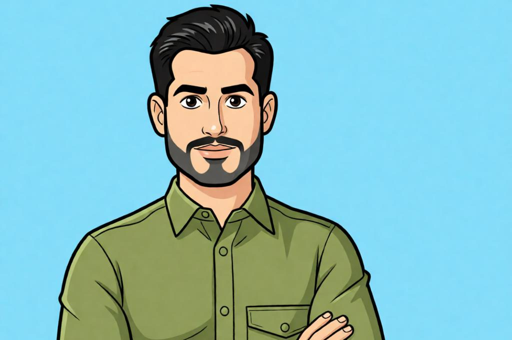 Man as a vibrant 2D cartoon character, clean lines, flat colours, expressive animated style