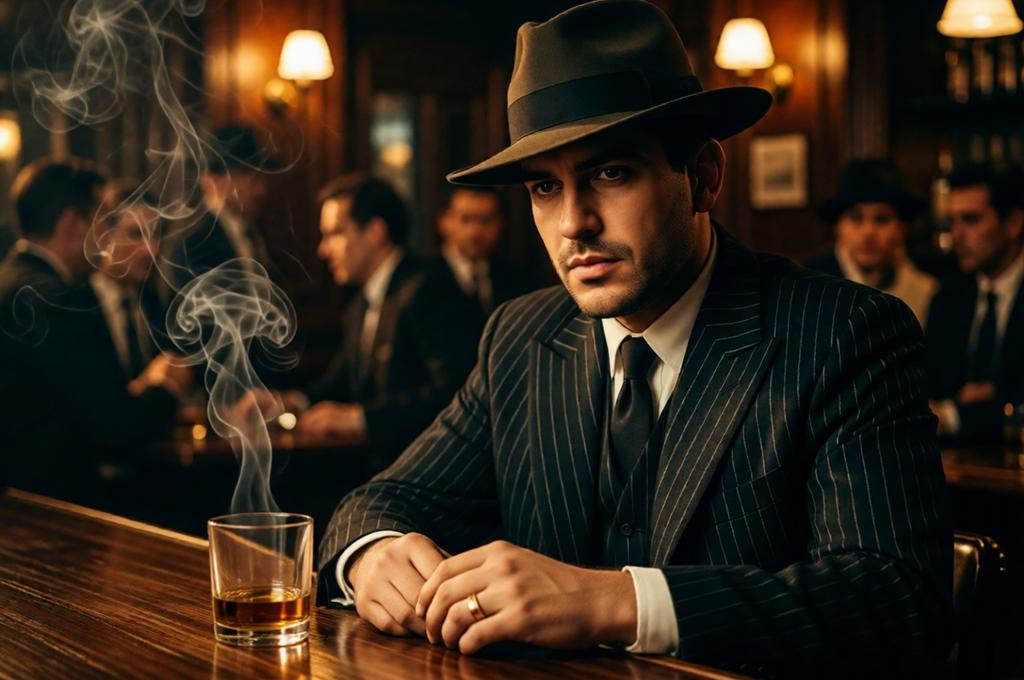Man in a tailored mafia suit in a 1940s speakeasy setting, moody low light, old noir feel