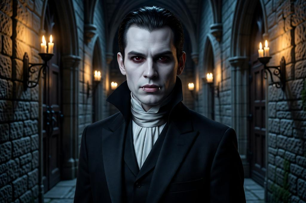 Man as a photorealistic vampire in a gothic castle at night, pale skin, red eyes, dramatic