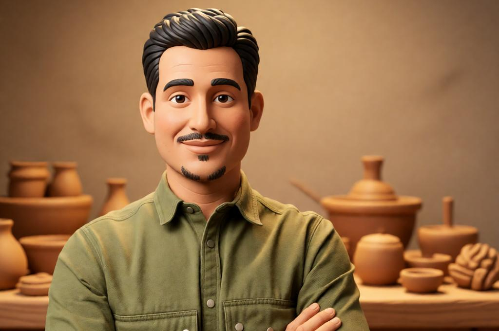 Man rendered in a clay stop-motion art style, textured and tactile, warm studio lighting