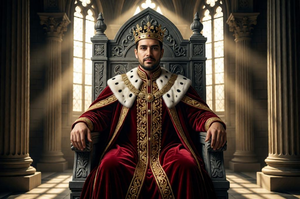 Man as a king in full royal regalia in a palace hall, crown, robes, throne room backdrop