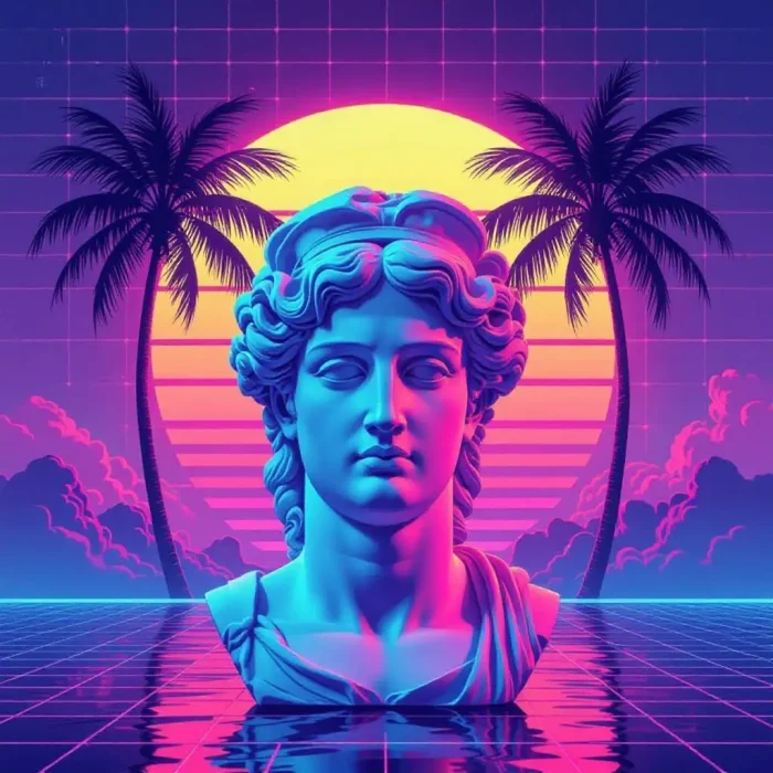Vaporwave statue with neon sunset aesthetic design.