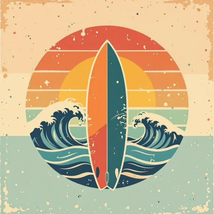 Retro surf waves and board vintage t-shirt design.