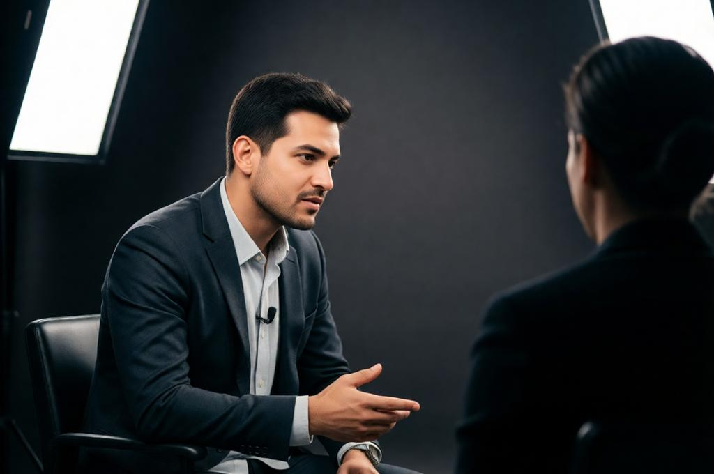 Two men at a table, one interviewing the other, professional YouTube interview setup
